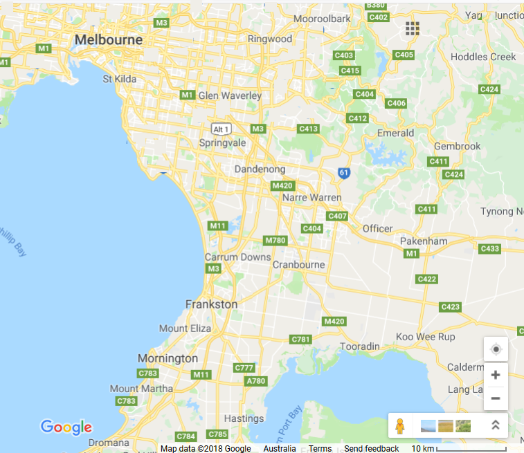 Map highlighting the service area for Workflow Optimisers, covering Carrum Downs, Frankston, Mornington Peninsula, Dandenong, and surrounding areas.